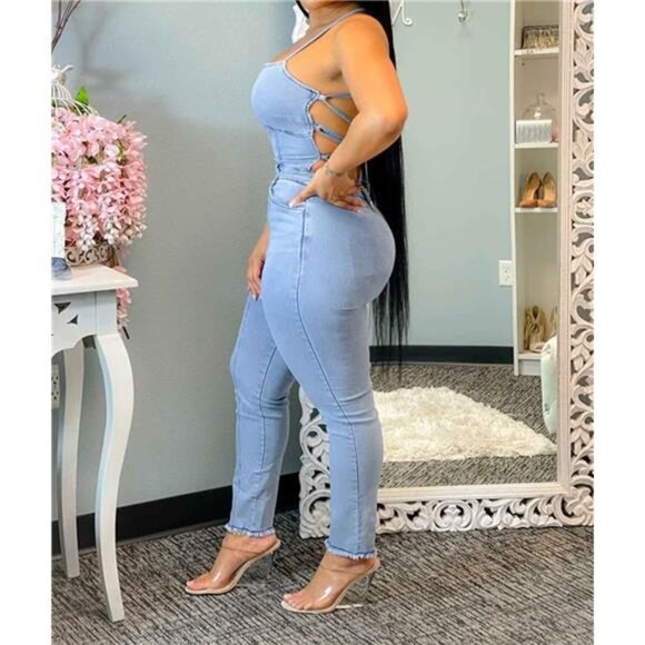 NEW Women’s Sexy Short Sleeve Denim Jumpsuit Romper Trendy Nightclub Mini Outfit - Picture 5 of 6